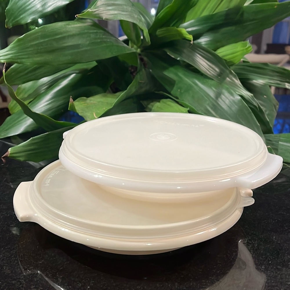 (2) Vintage Tupperware 9” Divided Plate w/ Lid Cover - Beige & White EUC